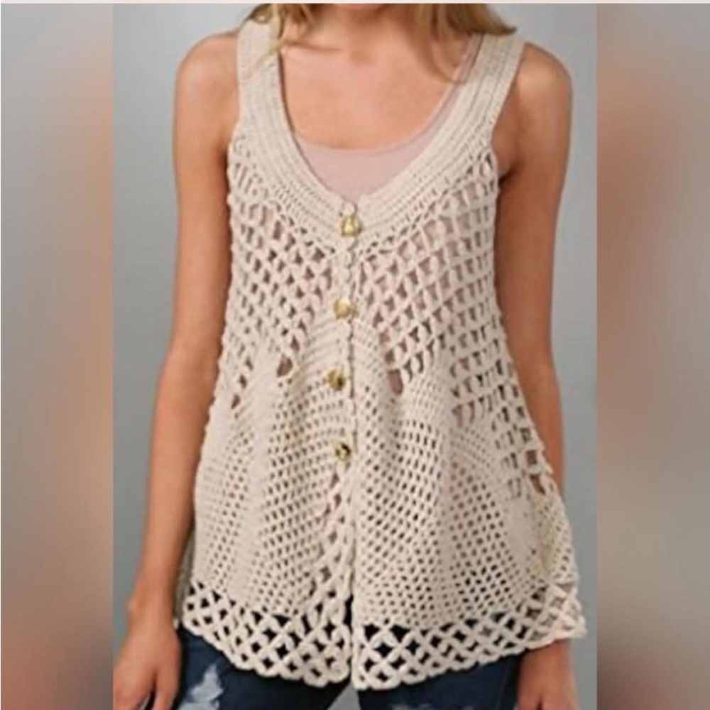 Free People tan crochet boho button up vest